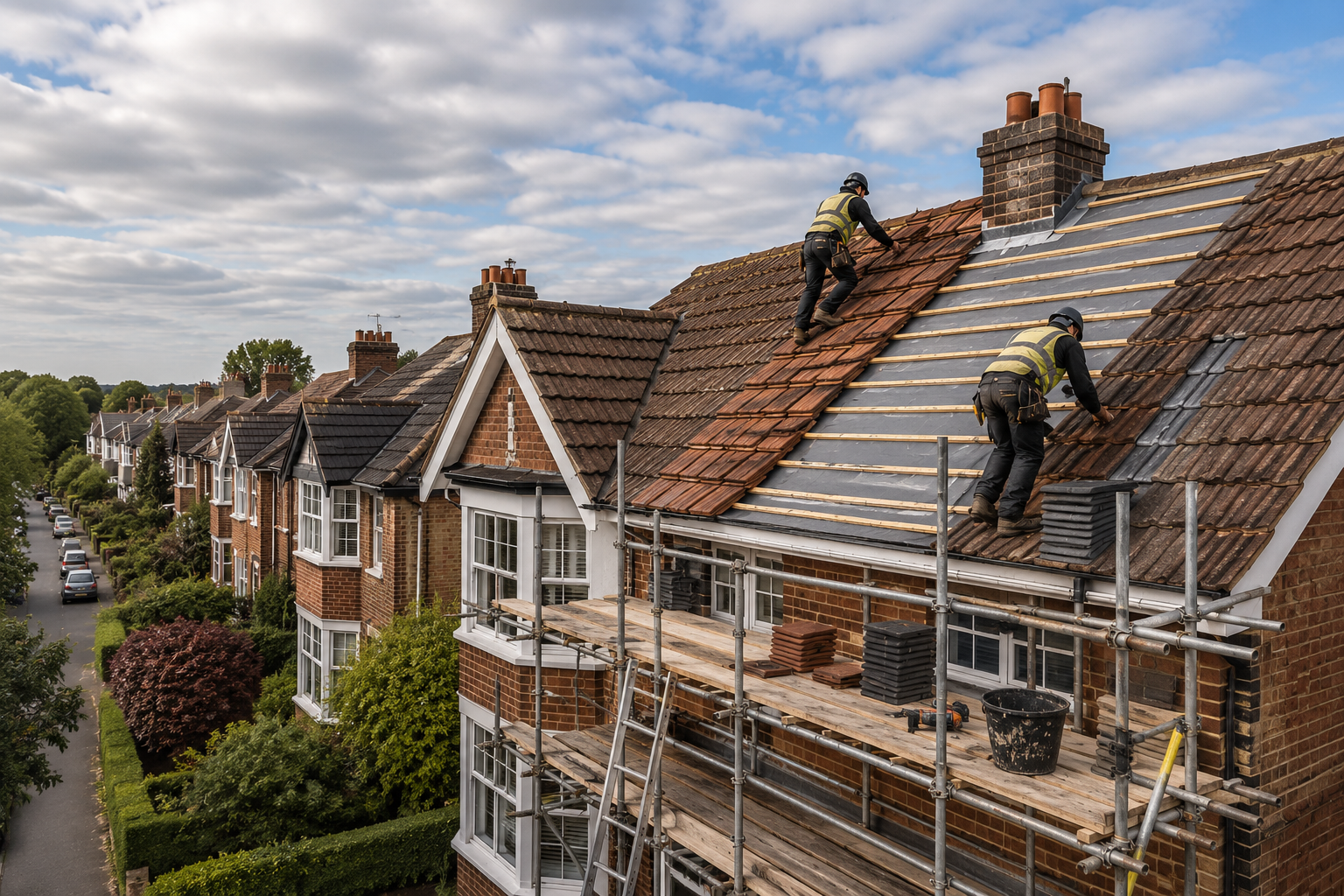 Professional roof replacement work on a semi-detached house in Surbiton with roofers installing new tiles on scaffolding.