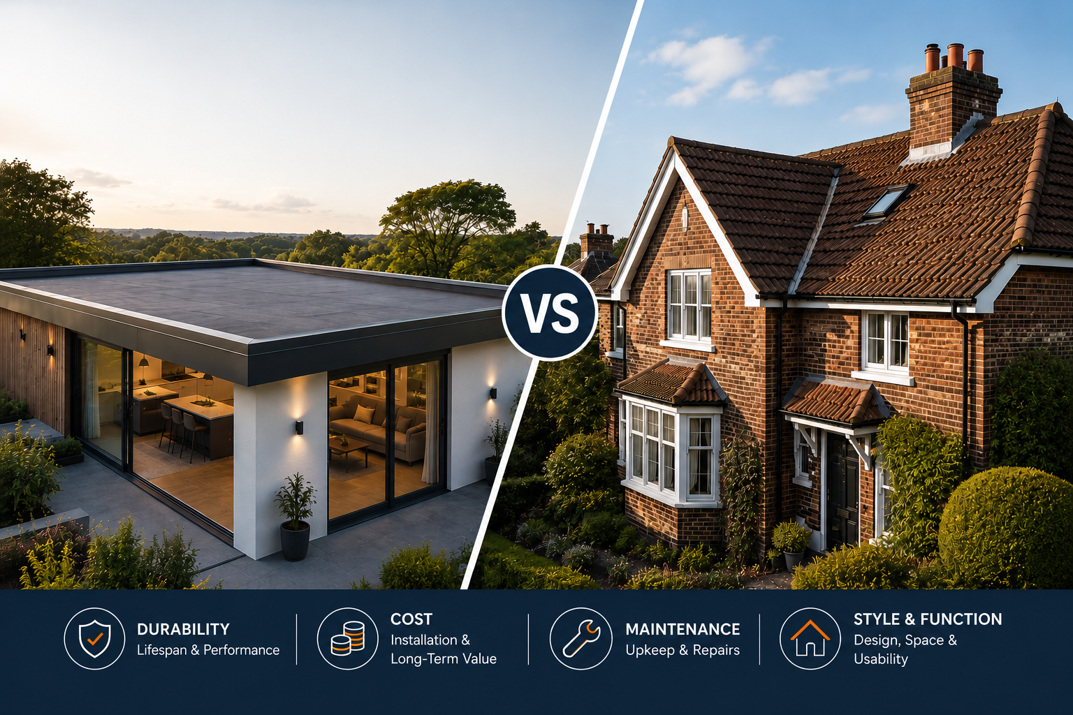 Modern flat roof extension compared with a traditional pitched roof home in a side-by-side architectural comparison banner for UK residential roofing.