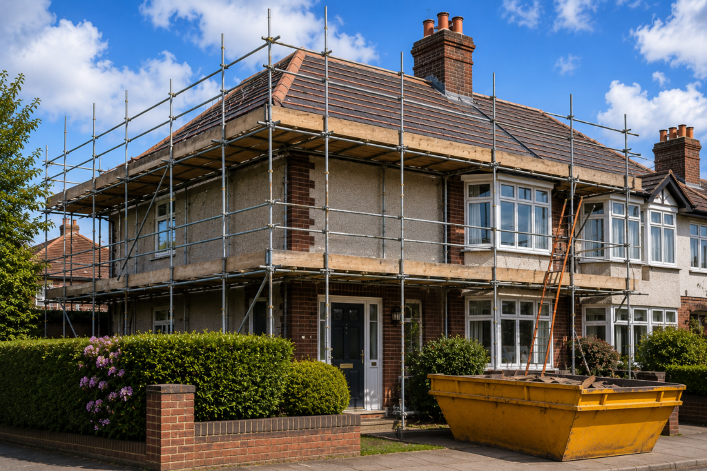 Scaffolding installed around a Surrey semi-detached house before roof replacement work begins