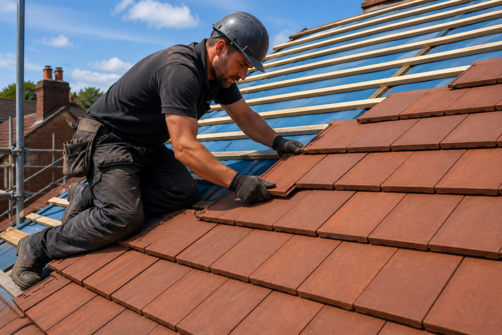 Professional roofer laying concrete roof tiles in neat courses during a residential reroof project