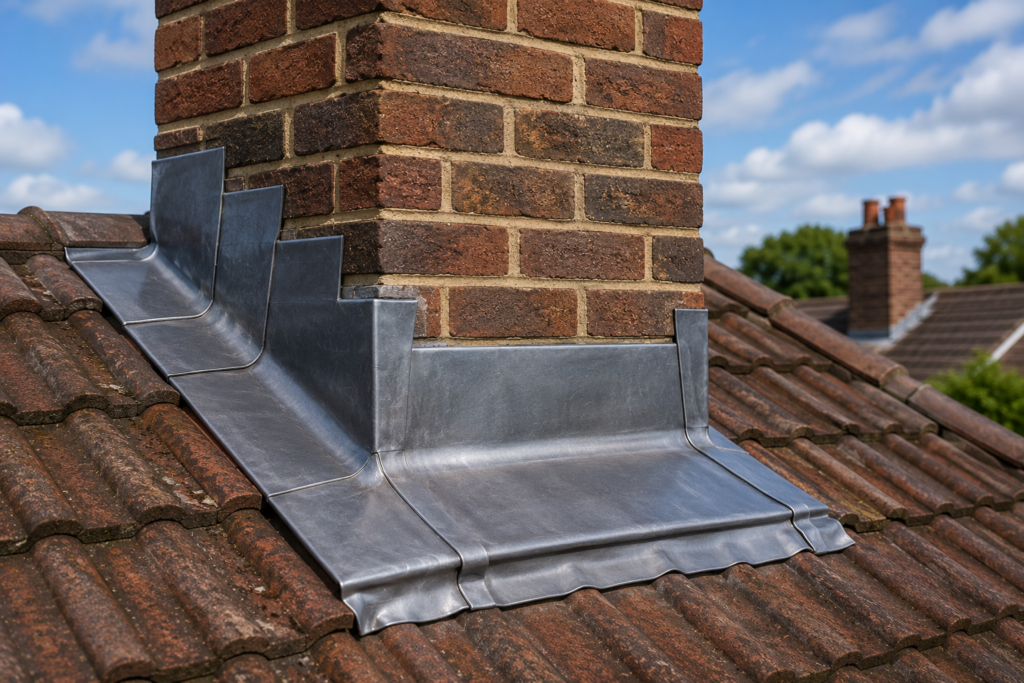 New lead flashing installed around a brick chimney stack on a tiled Surrey roof