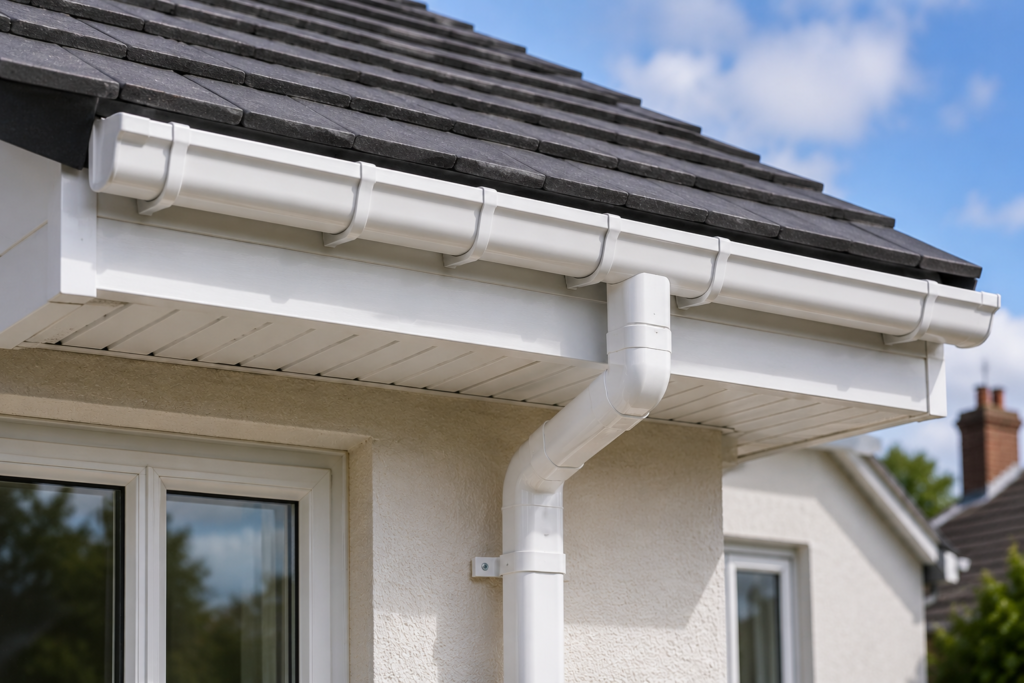 New fascia boards and guttering fitted on a Surrey residential property during roof replacement work