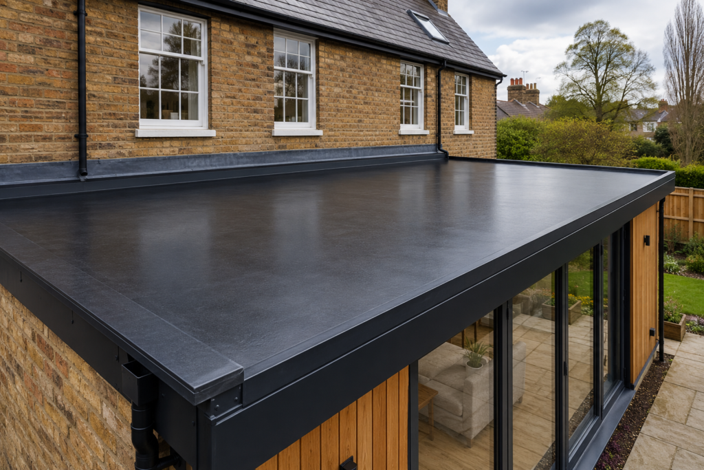 Modern EPDM flat roof extension with black membrane detailing and anthracite trim attached to a traditional brick Surrey home.