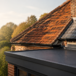 Surrey residential roof featuring natural slate, clay roof tiles, and modern EPDM flat roofing in soft afternoon light illustrating different roofing material lifespans.