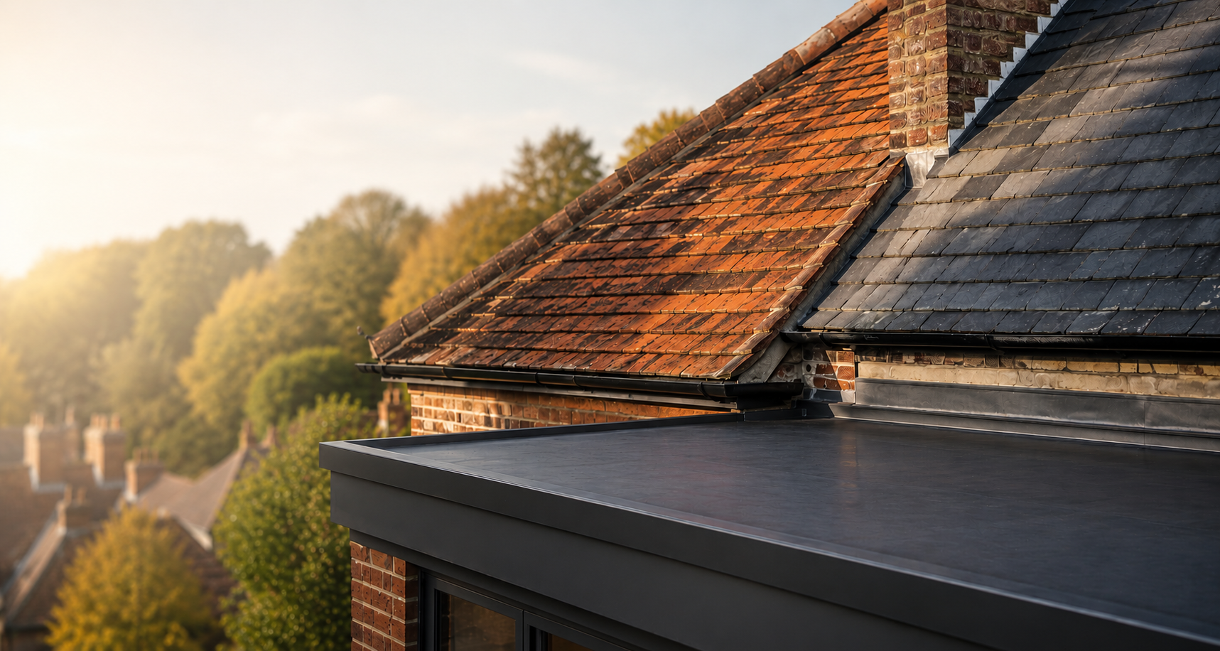 Surrey residential roof featuring natural slate, clay roof tiles, and modern EPDM flat roofing in soft afternoon light illustrating different roofing material lifespans.