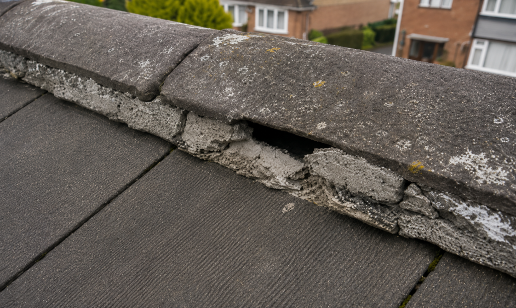 “Close-up of a damaged roof ridge tile with cracked mortar and visible gaps between concrete roof tiles on a residential property.