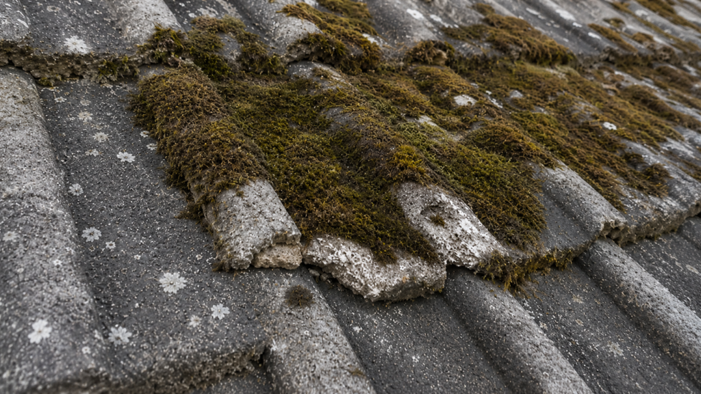 “Close-up of an ageing concrete tiled roof covered in moss and lichen, with visible tile deterioration and weather damage.”