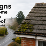 “Residential roof with moss-covered concrete tiles and headline text reading ‘10 Signs Your Home Needs a New Roof (Not Just a Repair)’ overlooking a suburban street.”