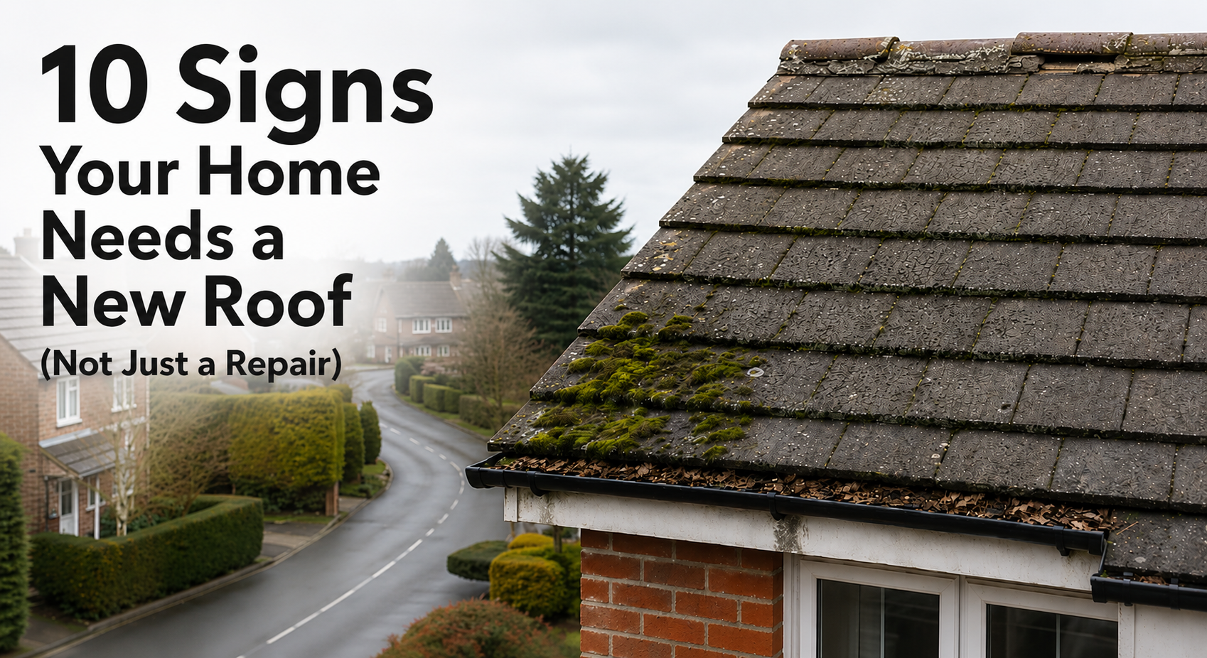 “Residential roof with moss-covered concrete tiles and headline text reading ‘10 Signs Your Home Needs a New Roof (Not Just a Repair)’ overlooking a suburban street.”