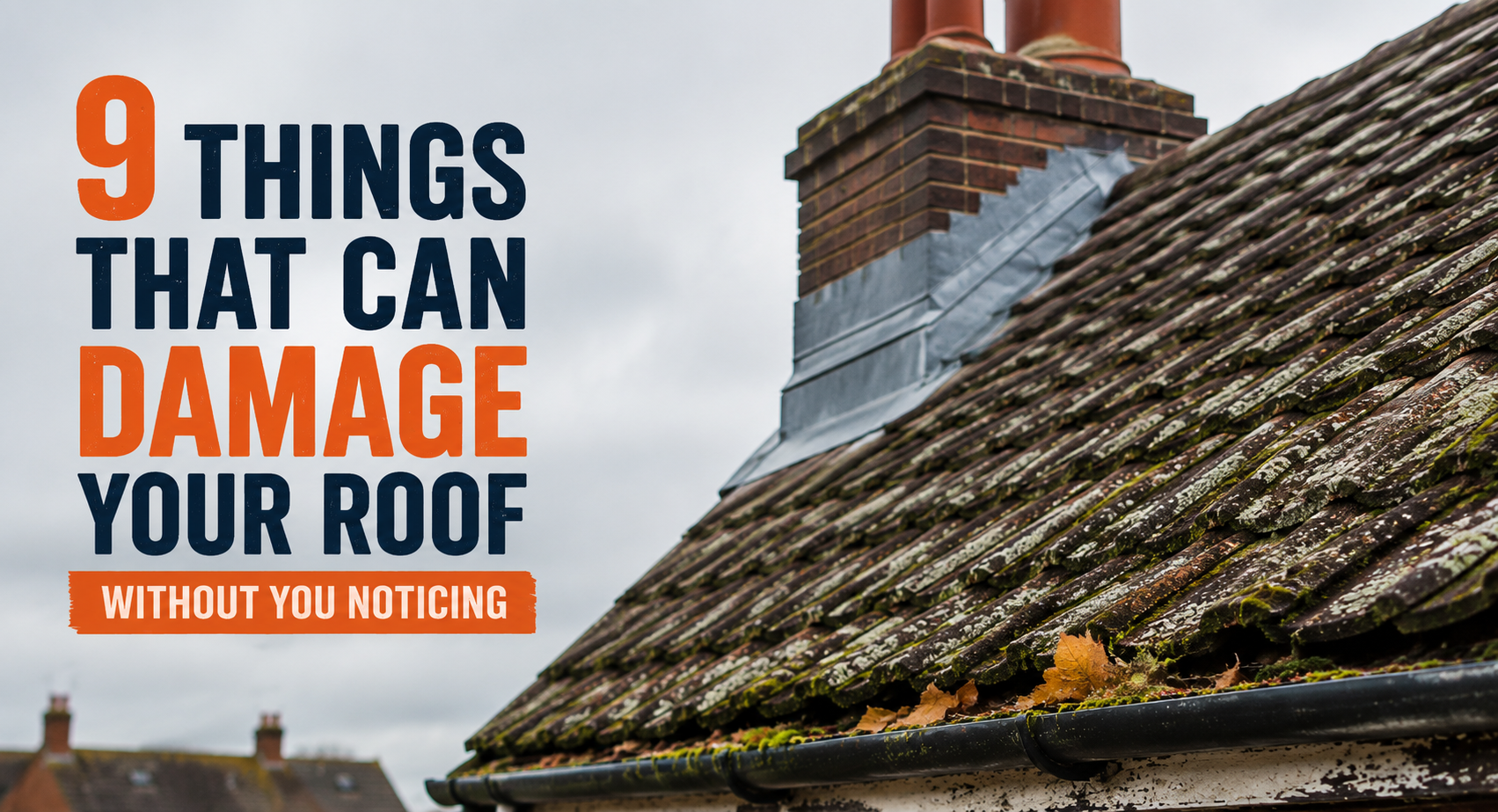 Moss-covered tiled roof with blocked gutter and chimney stack on a traditional UK home under an overcast sky