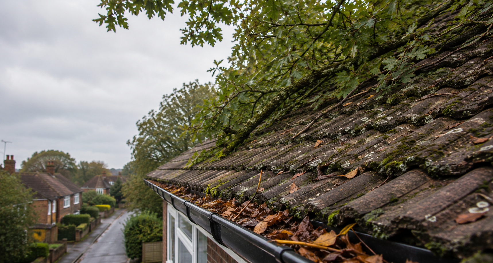 Overhanging tree branches and fallen leaves collecting on a moss-covered roof and gutter