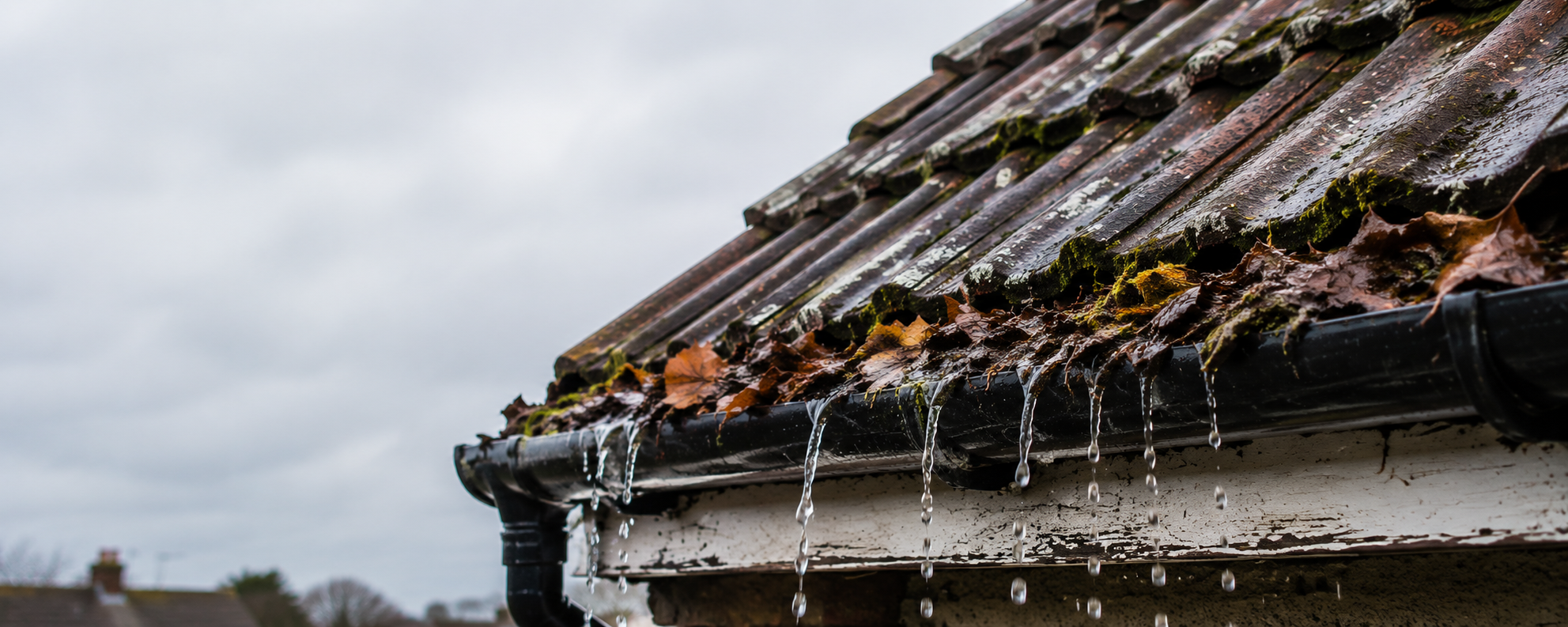 Overflowing roof gutter filled with wet leaves and debris along a UK tiled roof