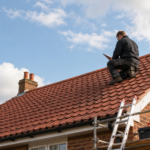 "Roofer inspecting a tiled roof on a Surrey home, illustrating a guide to choosing a trusted roofing company."