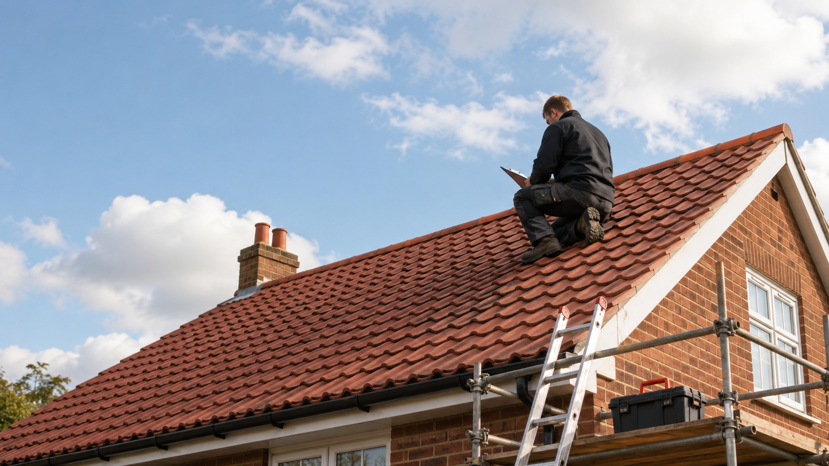 "Roofer inspecting a tiled roof on a Surrey home, illustrating a guide to choosing a trusted roofing company."