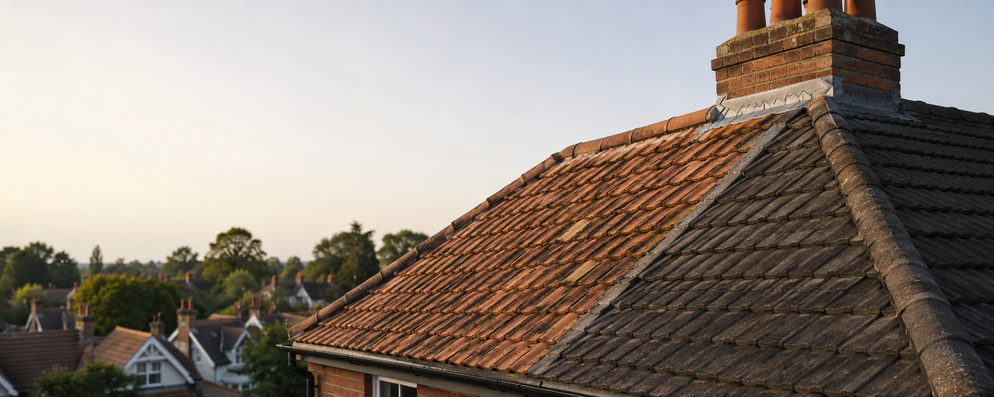 Close-up of terracotta clay roof tiles beside dark grey concrete tiles on a traditional Surrey home.