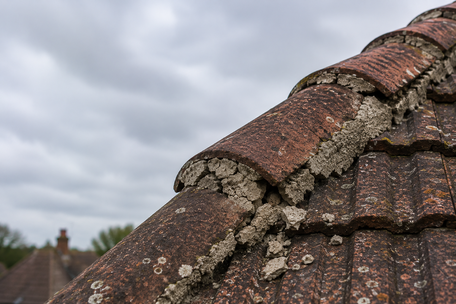 Crumbling mortar beneath ridge tiles on a pitched roof showing signs of roof deterioration