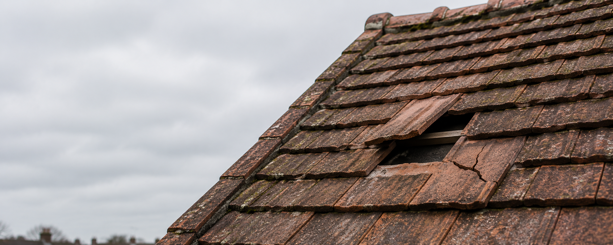 Cracked and slipped roof tiles creating gaps in a traditional UK pitched roof