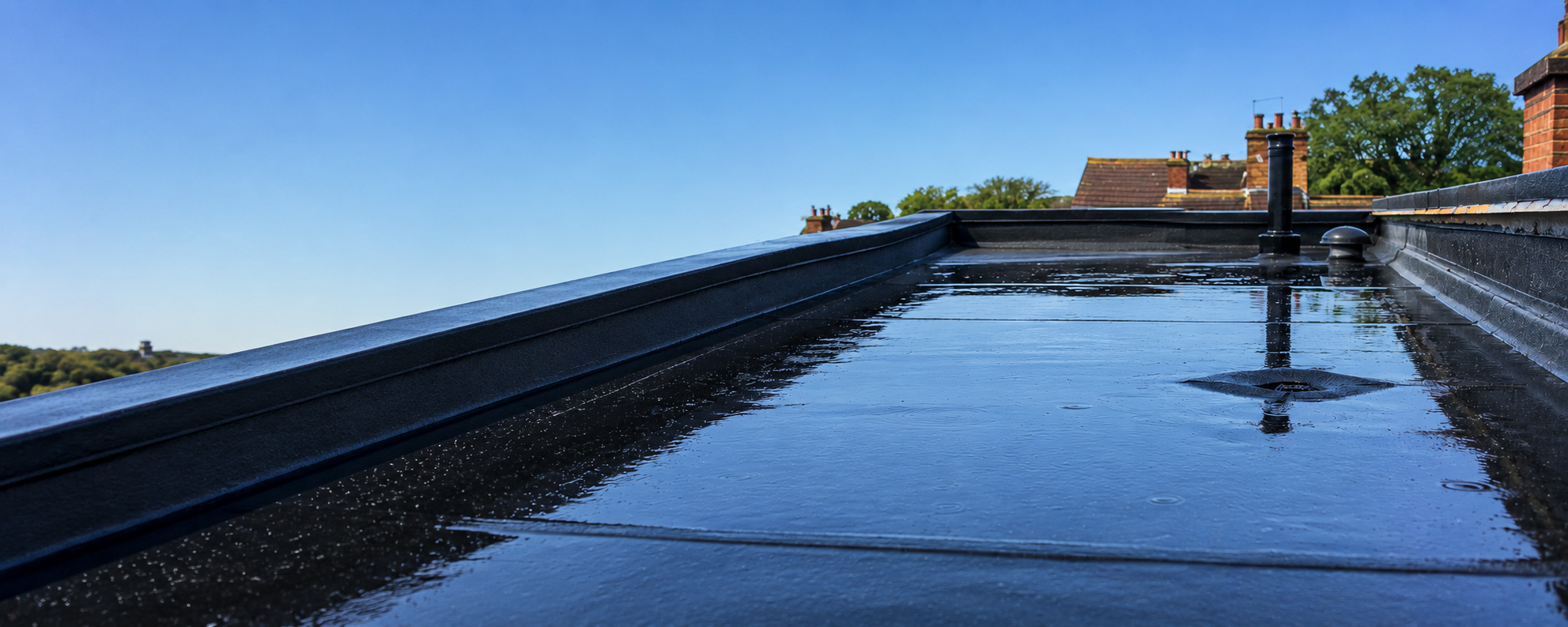 Standing rainwater collecting on a flat roof surface after heavy rainfall