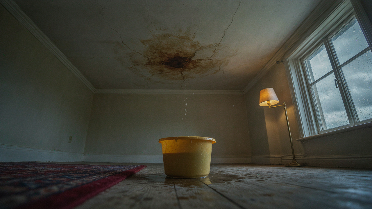 A yellow bucket catching drips from a water-stained ceiling in a dimly lit room, with rain visible on the window behind.