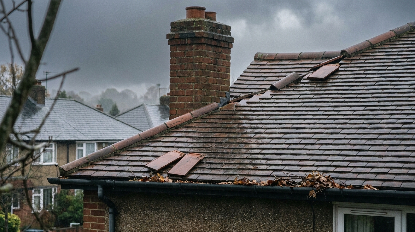 A close-up of a sloped house roof with loose and missing tiles, wet from rain. Leaves are collected in the gutter, and a brick chimney is visible. Other nearby houses and trees appear in the background under a cloudy sky.
