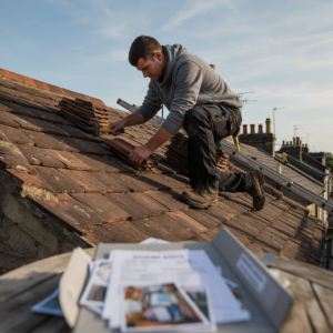 Roofer kneeling on a UK tiled roof, hammering a new tile into place, with a folder of insurance paperwork and photos resting in the foreground.