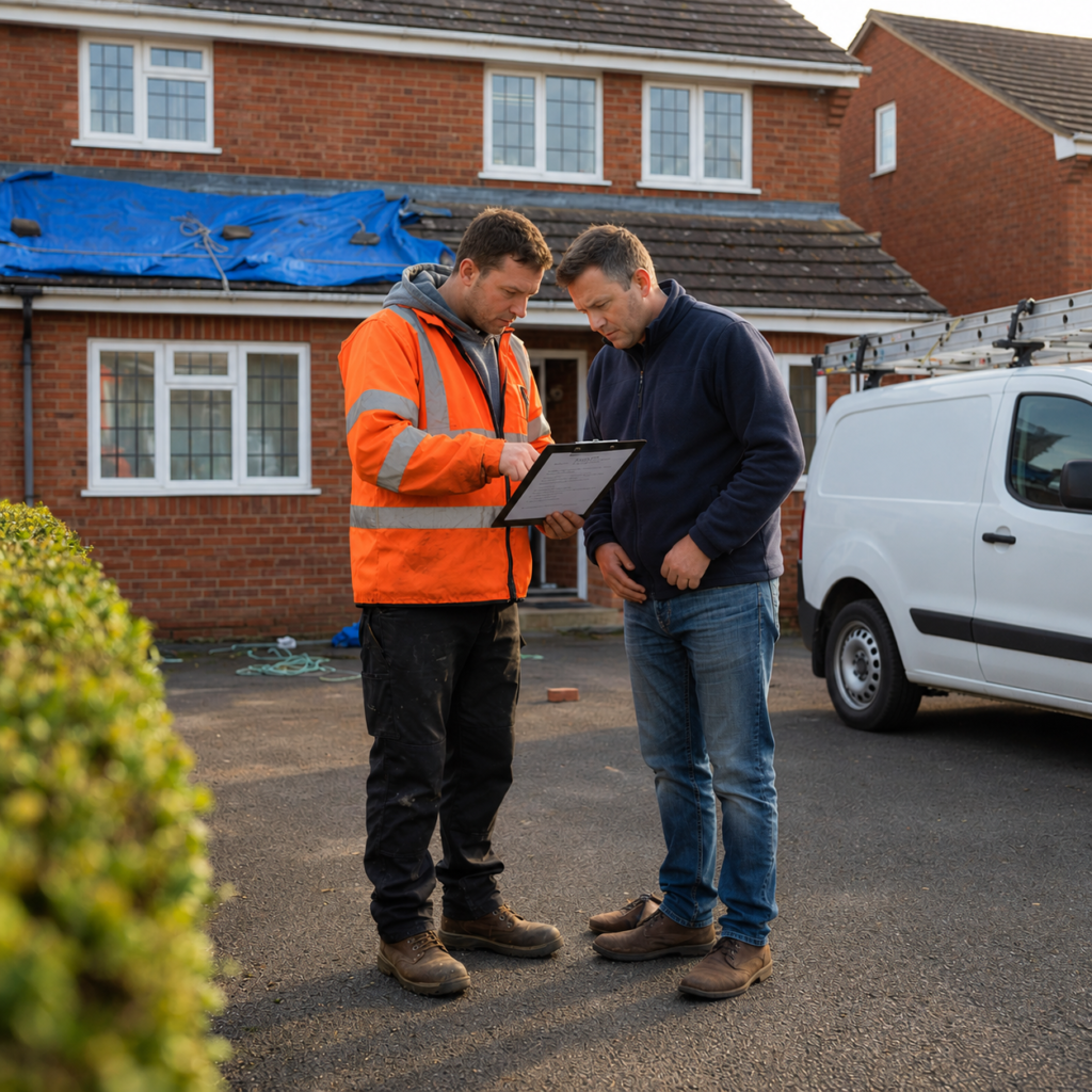 A roofer in an orange hi-vis jacket showing a written quote on a clipboard to a homeowner, with a tarped roof and roofing van in the background.