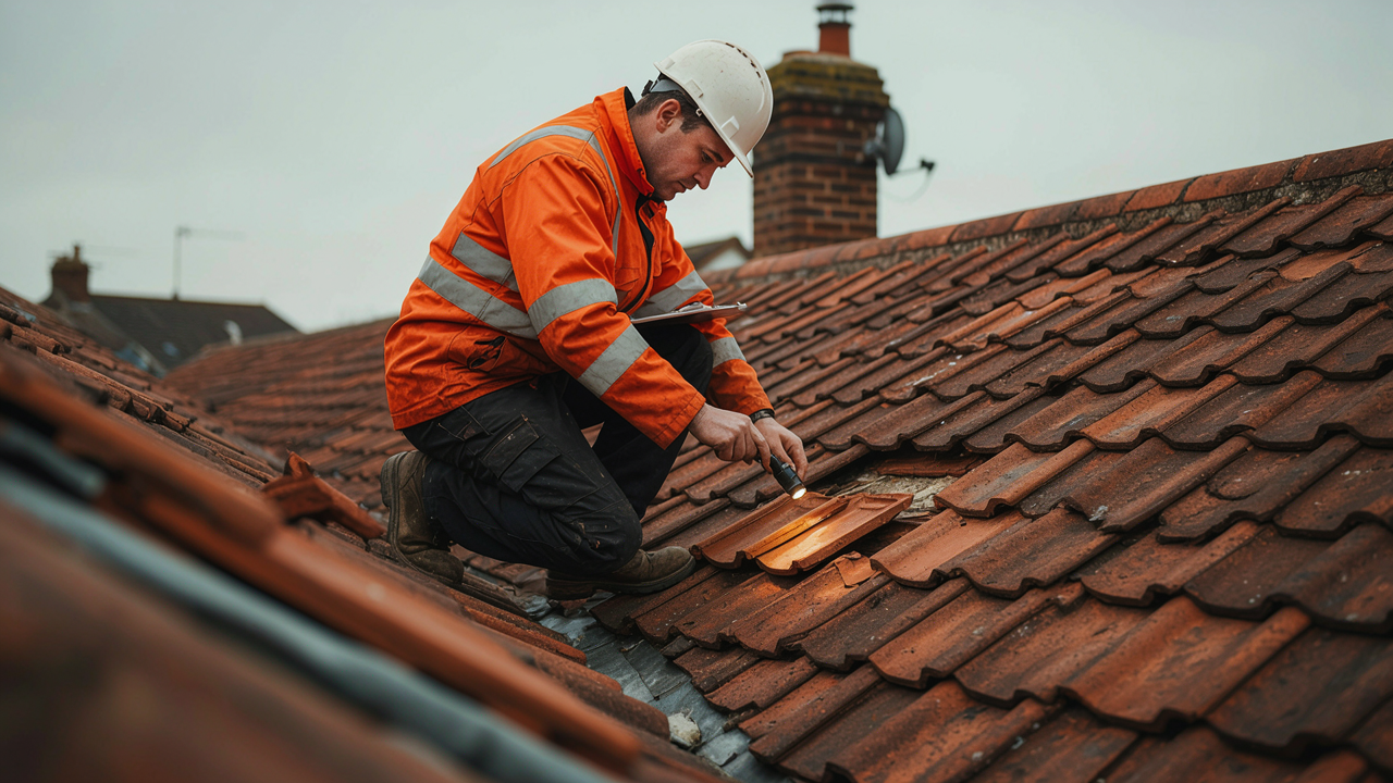 A roofer in hi-vis workwear kneeling on a tiled roof, shining a torch under a lifted roof tile beside a brick chimney.