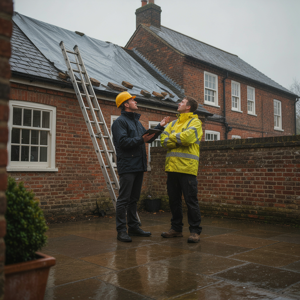 Two men talking in a rainy courtyard beside a house with a tarpaulin-covered roof and a ladder propped against the eaves.