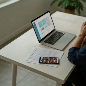 A laptop, printed documents, and a smartphone showing roof damage photos laid out on a desk for an insurance claim.