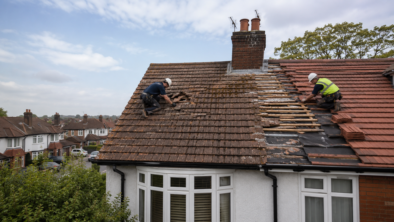 Two workers in safety gear repair and replace roof tiles on a house. Part of the roof is stripped, exposing wooden beams. The neighborhood has similar houses and trees, with a partly cloudy sky above.