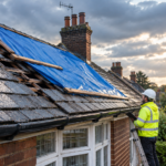 A worker in a yellow safety jacket and helmet stands on a ladder by a house with a blue tarp covering part of the roof. The sun is setting in the background.