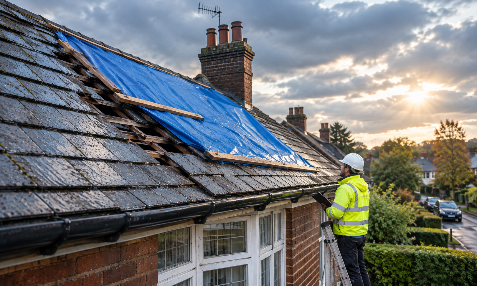 A worker in a yellow safety jacket and helmet stands on a ladder by a house with a blue tarp covering part of the roof. The sun is setting in the background.