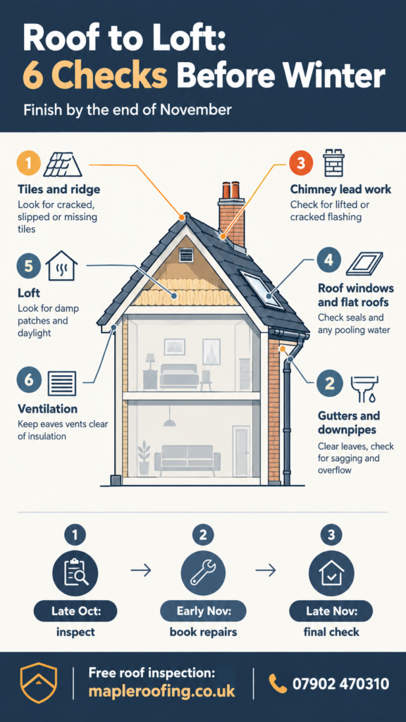 Infographic listing six pre-winter roof checks from tiles and gutters to chimney lead work, loft damp and ventilation.